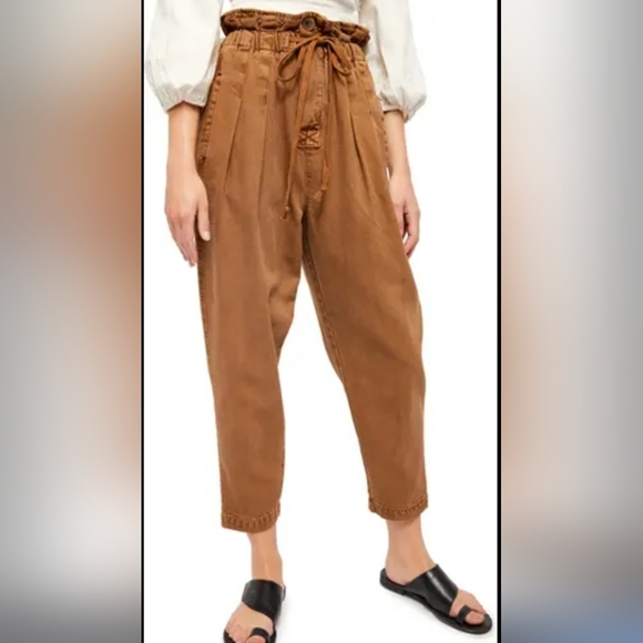 Free People Cotton Paper Bag Pants in Camel Brown - Picture 2 of 2